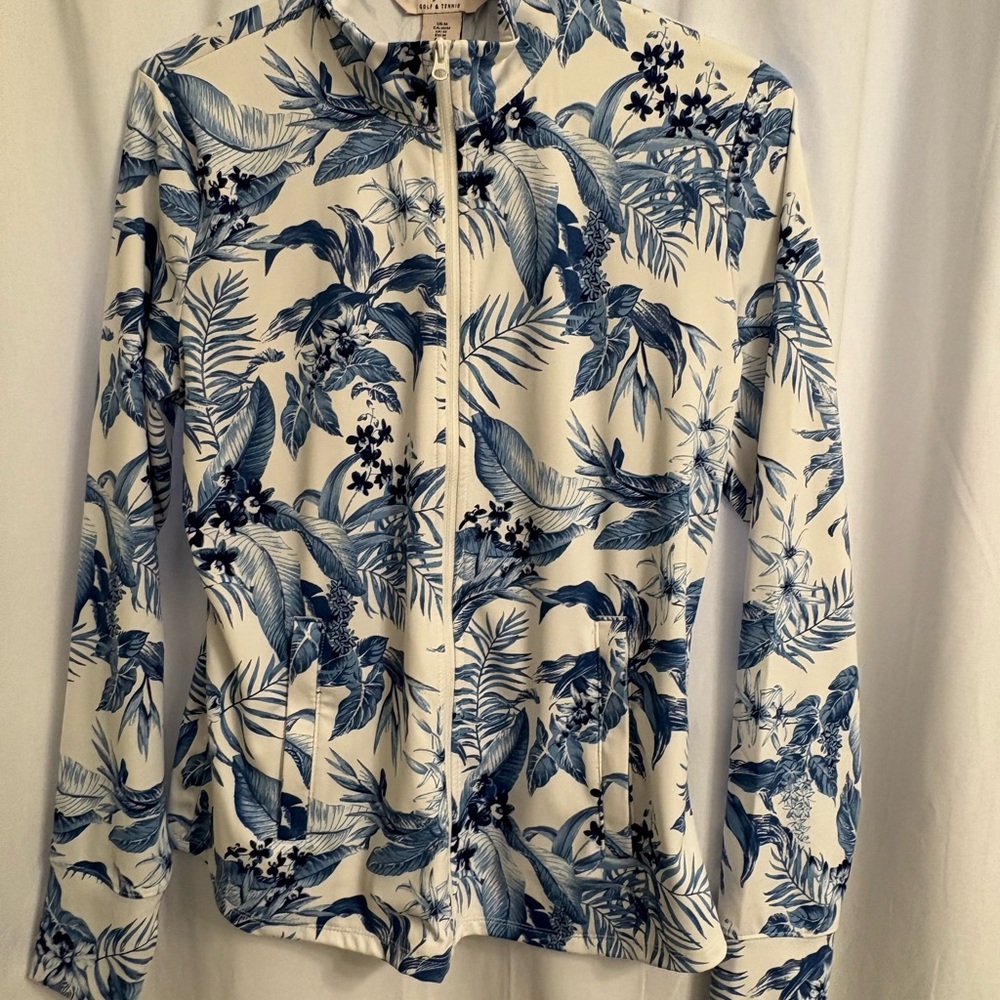 Tommy Bahama Active full zip golf jacket, Blue and White Floral.